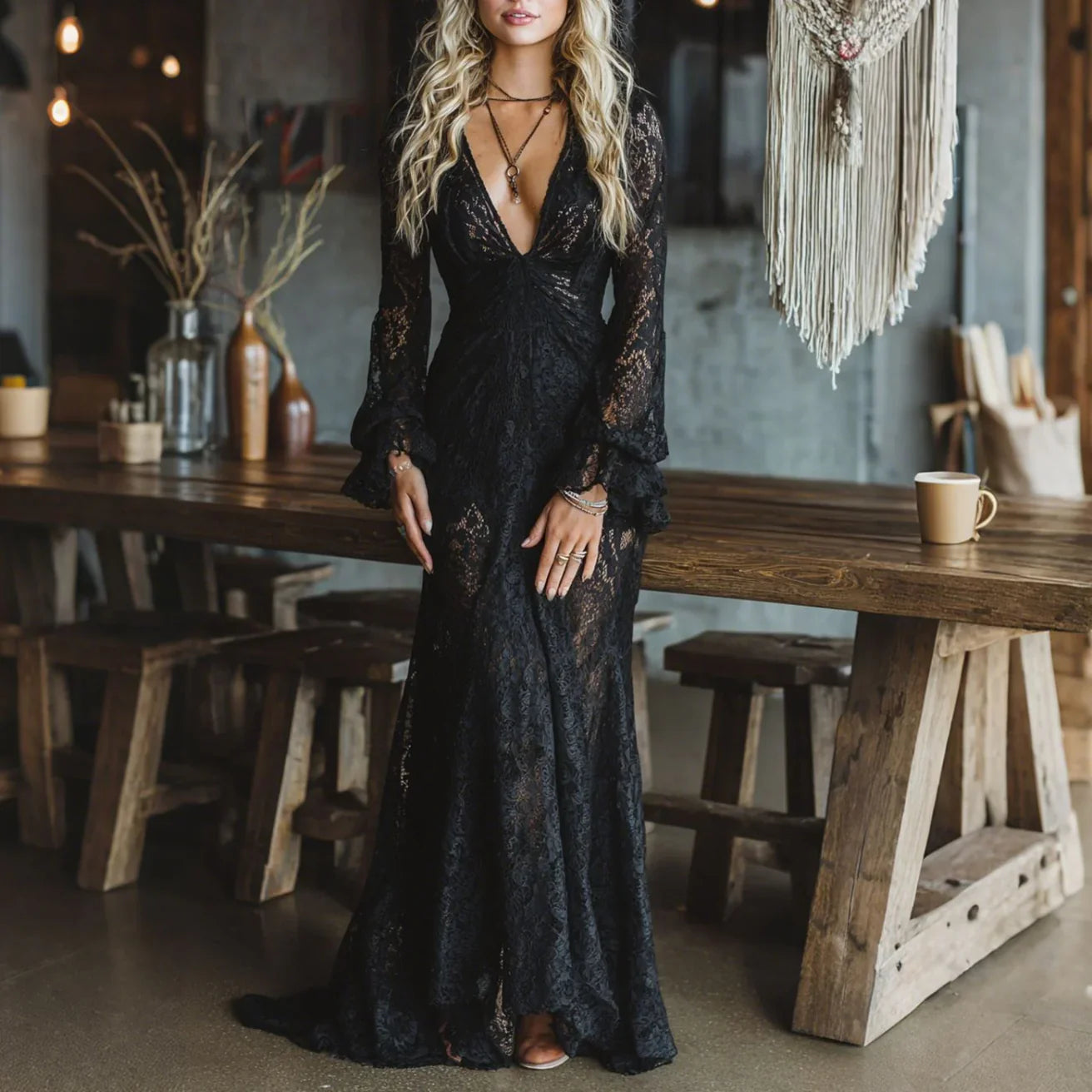 RACHEL | Maxi dress with lace bell sleeves