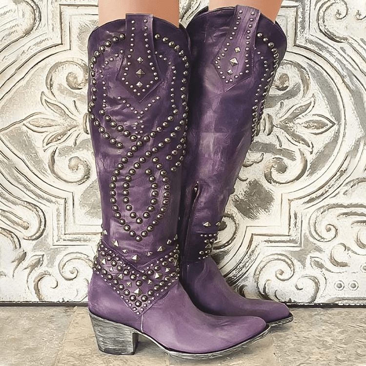 MONIQUE | Knee-high boots with studded western detail - Liora Melbourne