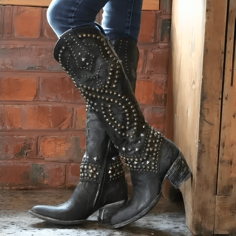 MONIQUE | Knee-high boots with studded western detail - Liora Melbourne