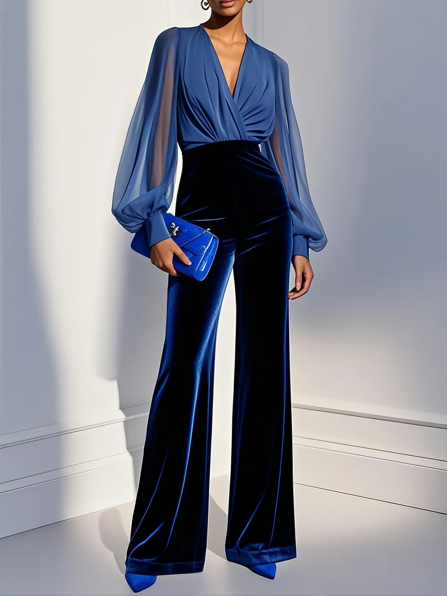 ZAIRA | Long velvet jumpsuit with V-neck