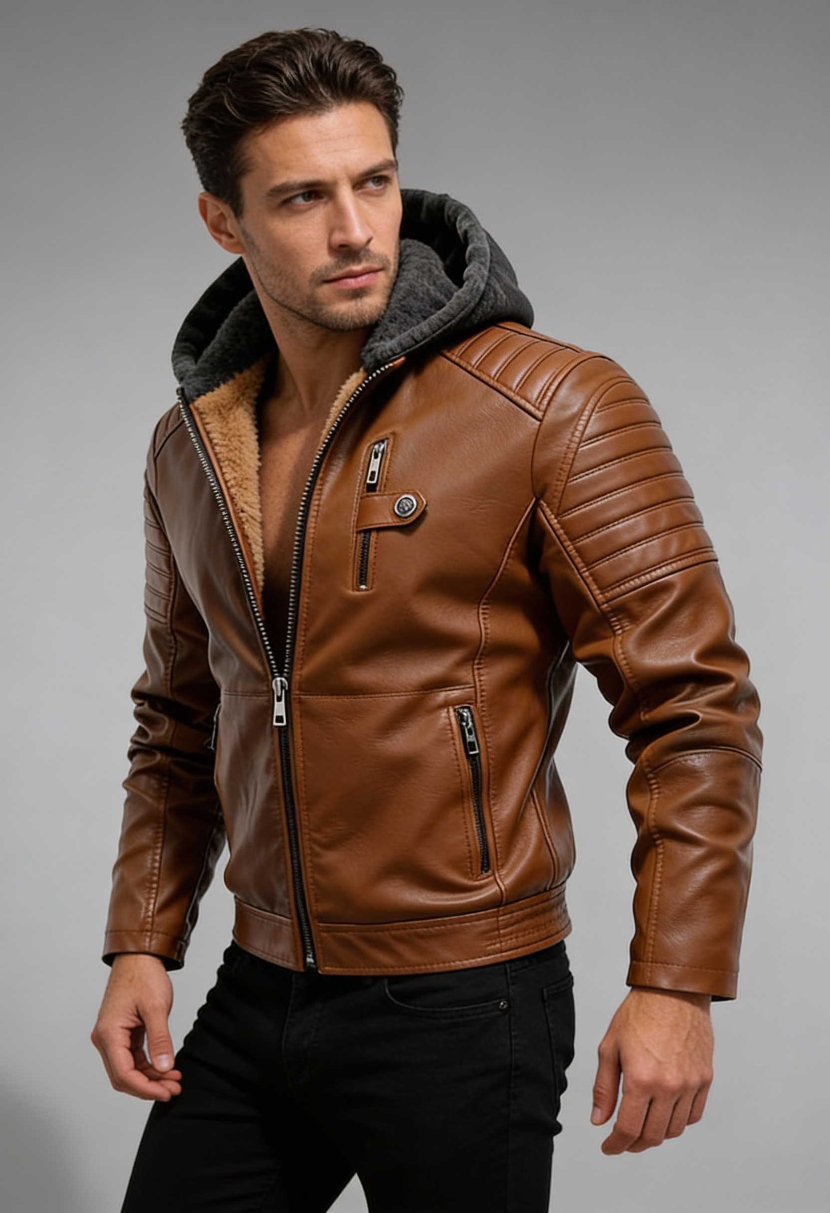 JASPER | Hooded jacket with faux leather detail