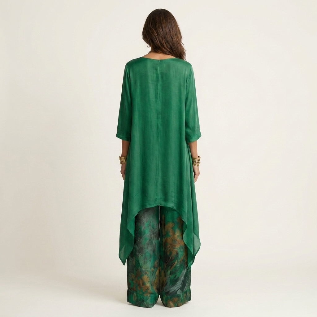 CARIOLA | Set with asymmetric tunic and wide-leg printed trousers