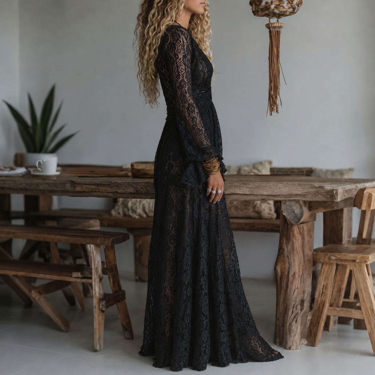 RACHEL | Maxi dress with lace bell sleeves